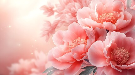 Peonies in full bloom, arranged delicately on a smooth pastel pink background, soft lighting, watercolor effect, Mother's Day theme, elegant and soft edges