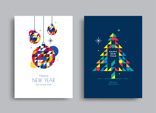 Merry Christmas and Happy New Year greeting posters. Christmas tree and balls with a pattern of triangles. Colorful geometric Xmas.