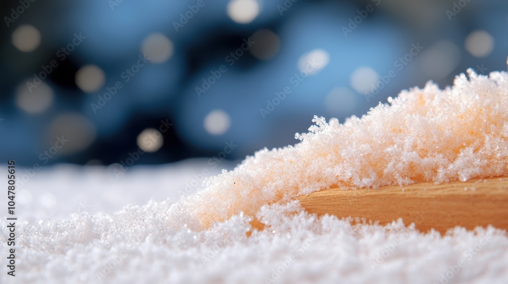 Poster this image showcases a serene scene of soft, powdery snow resting on a wooden surface, set against a