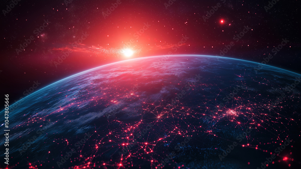 Poster chic visualization of global internet coverage illustrated through a network grid around earth