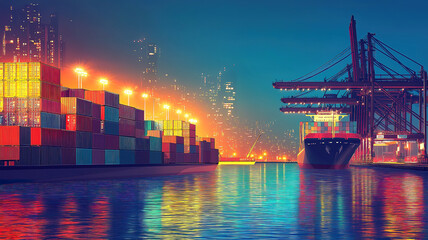 Fototapeta premium Chic depiction of a bustling cargo port showcasing giant ships and shipping containers