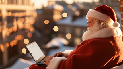 Santa Claus types on his laptop, perched on a snowy rooftop with a panoramic view of city lights, embodying the union of technology and traditional Christmas magic.