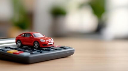 A toy car is neatly positioned atop a calculator on a wooden surface, symbolizing financial planning and budgeting for vehicle-related expenses and future purchases.