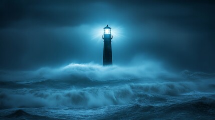 A lighthouse beacon cutting through the thick darkness of a violent storm, the rough ocean waves reflecting its light, offering a glimmer of hope