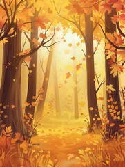 Sunlight filters through trees in a golden autumn forest, highlighting the vibrant colors of fall leaves scattered on the ground. Generative AI