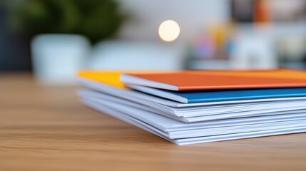 An assortment of colorful notebooks is stacked orderly on a wooden table, their bright covers providing a vivid contrast against the warm wooden surface.