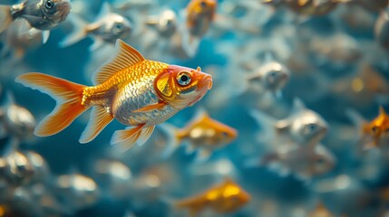 Fototapeta premium A lone goldfish moving through a tank of uniform silver fish, its vibrant orange color symbolizing self-confidence and freedom. goldfish in crowd, individuality concept