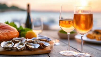Fototapeta premium A sunlit table by the coast adorned with wine glasses, fresh oysters, and produce, painting a picture of indulgence, leisure, and culinary delight.