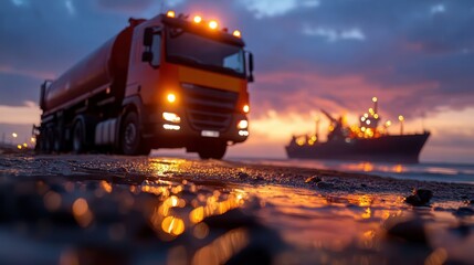 Fototapeta premium A brightly lit tanker truck stands on wet ground at sunset, with a large ship illuminated in the background, showcasing the intersecting worlds of land and sea transport.