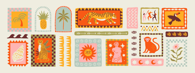Retro hand drawn tropical summer shape set. Jungle nature illustration collection. Vintage exotic clip art of palm tree, tiger and flower. Geometric mosaic style element bundle.