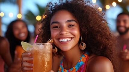 A joyful woman with curly hair holds a cocktail against a backdrop of vibrant sunset, exuding happiness and a carefree vibe in a beachside setting with string lights.