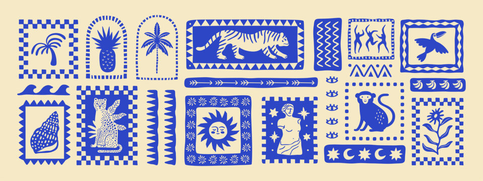 Retro hand drawn tropical summer shape set. Jungle nature illustration collection. Vintage exotic clip art of palm tree, tiger and flower. Geometric mosaic style element bundle.