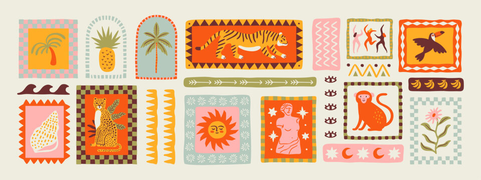 Retro hand drawn tropical summer shape set. Jungle nature illustration collection. Vintage exotic clip art of palm tree, tiger and flower. Geometric mosaic style element bundle.