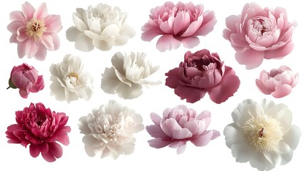 A lovely assortment of delicate peonies in varying shades of pink and ivory, placed gracefully on a bright white background, perfect for floral-themed design