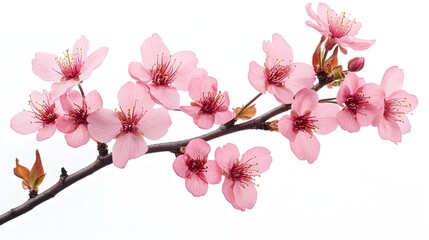 Spring cherry tree with delicate pink flowers, the branches elegantly spread over a simple white background, bringing focus to the natural beauty of the bloom