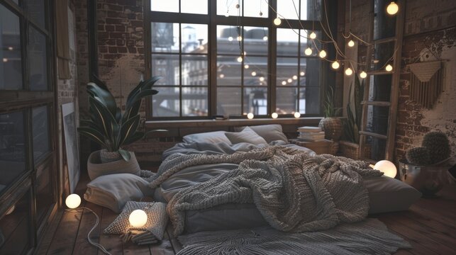 A small but stylish loft bedroom adorned with cozy knit blankets floor cushions and a string of globe lights for a cozy and intimate feel. - Powered by Adobe
