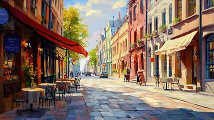 Fototapeta premium A picturesque street scene featuring colorful buildings, outdoor cafes, and vibrant trees under a sunny sky.