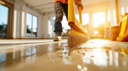 A construction worker spreads wet cement on a floor with a flat tool under bright sunlight, highlighting dedication, hard work, and skill in their craftsmanship.