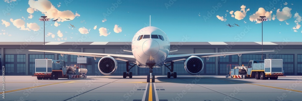 Aufkleber a cargo airplane stands on the runway, surrounded by equipment for loading and unloading freight at 
