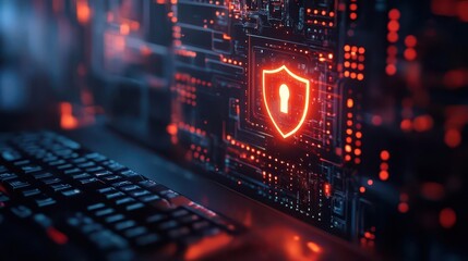 Fototapeta premium Cybersecurity in winter, with a secure connection icon glowing on a screen, captured in a high-tech office, Modern, Cool Tones, Detailed