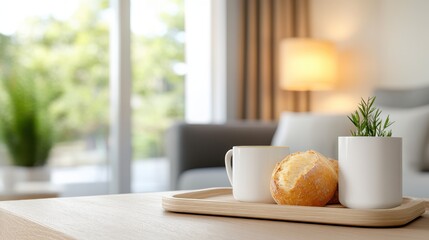 This image showcases a minimalist breakfast setting with a simple tray holding warm bread, beverages in sleek cups, and a small plant, displaying a modern lifestyle aesthetic.