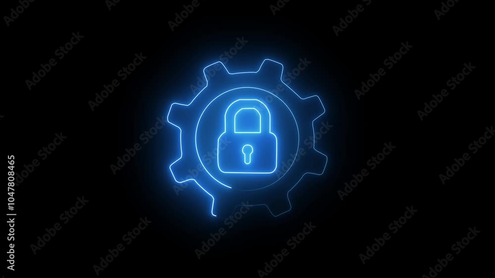 Poster neon glowing blue color gear setting icon on black background animation, technology setting icon .te