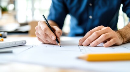 An architect’s steady hands beginning a design on a drafting table, emphasizing precision and creativity, showing the initial phase of a project in modern architecture.