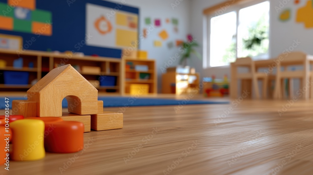 Aufkleber Classroom toys sit on a wooden floor as soft sunlight filters through windows, creating a harmonious and engaging space for early learners.