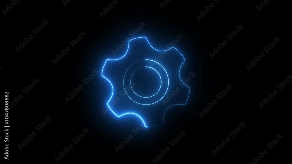 Aufkleber neon glowing blue color gear setting icon on black background animation, technology setting icon .te