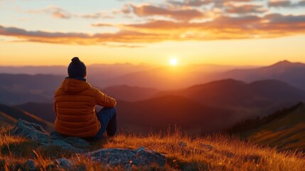 A hiker dressed warmly in an orange jacket sits quietly on a grassy hill, observing a dramatic sunset casting golden hues over expansive mountain ranges in the distance.