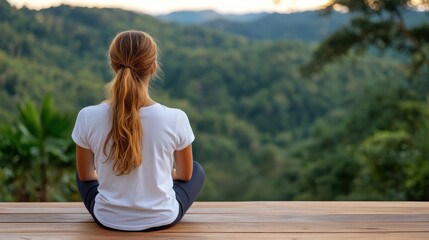 Seated calmly on a wooden deck, a woman wearing a white shirt and ponytail reflects on the lush, green valley spread before her, embodying tranquility and awareness.