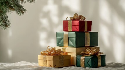 Obraz premium A variety of Christmas gift boxes stacked neatly, vibrant wrapping, metallic ribbons, clean white background, soft natural shadows, festive ambiance
