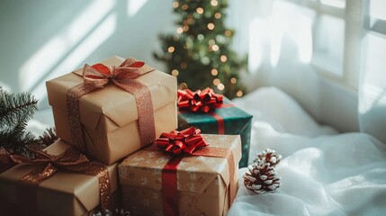 A variety of Christmas gift boxes stacked neatly, vibrant wrapping, metallic ribbons, clean white background, soft natural shadows, festive ambiance