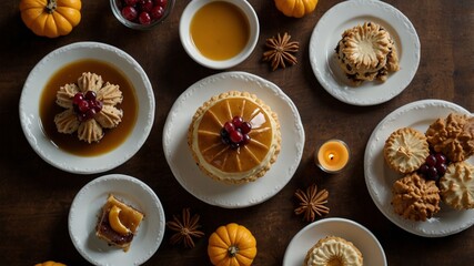 Fototapeta premium Overhead view of Thanksgiving desserts on table