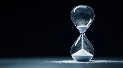 An hourglass dissolving like smoke over a minimalist grey table, symbolizing time slipping away. A stark black background contrasts with the scene's fragility