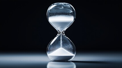 An hourglass dissolving like smoke over a minimalist grey table, symbolizing time slipping away. A stark black background contrasts with the scene's fragility