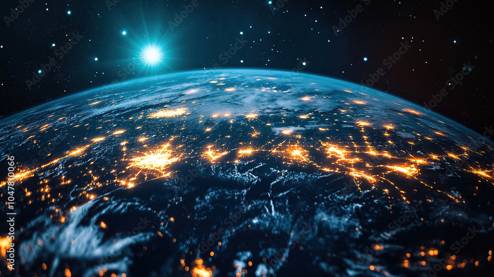 Poster chic visualization of a worldwide network illustrating telecommunication and blockchain integration