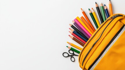 Fototapeta premium Backpack with vibrant stationery including crayons, rulers, and scissors, white background, neatly packed school essentials, fresh and minimal educational concept