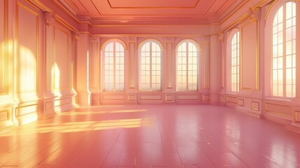 Fototapeta premium Pink and Gold Room with Arched Windows and Sunbeams