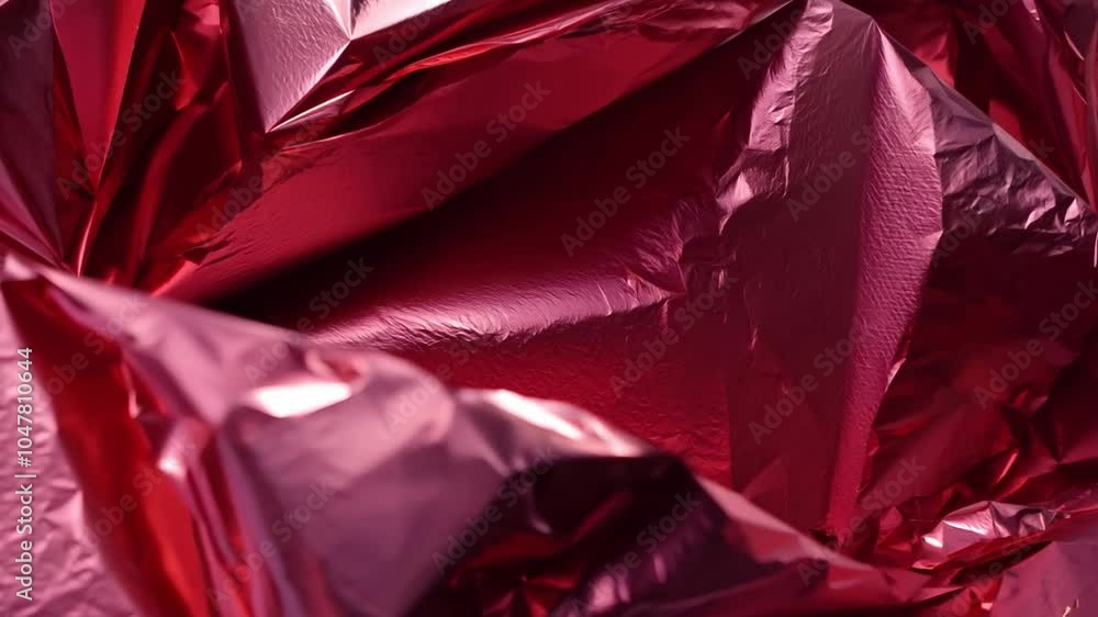Poster The surface features a vibrant red foil that creates an abstract texture, showcasing dynamic folds and glossy reflections in varied light, perfect for creative projects.