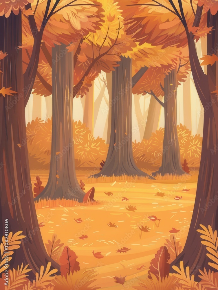 Poster The forest transforms into a golden wonderland as tall trees shine with bright autumn leaves, creating a serene and tranquil atmosphere. Generative AI