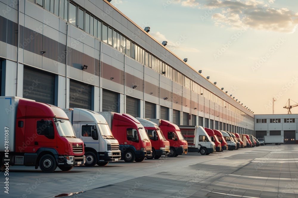 Aufkleber a lineup of trucks and vans await loading at a warehouse during the late afternoon, preparing for di