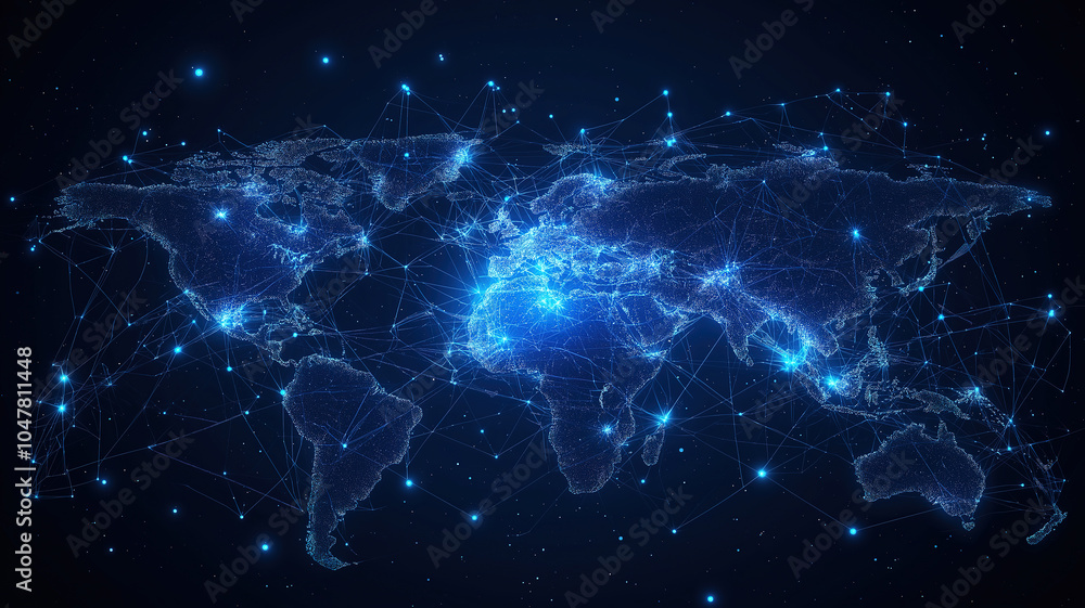 Poster sophisticated illustration of a global network design depicted through a map grid connection