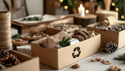Recycling initiatives during the holiday season, with bins for sorting materials and eco-conscious people, Sustainable, Bright, Organized
