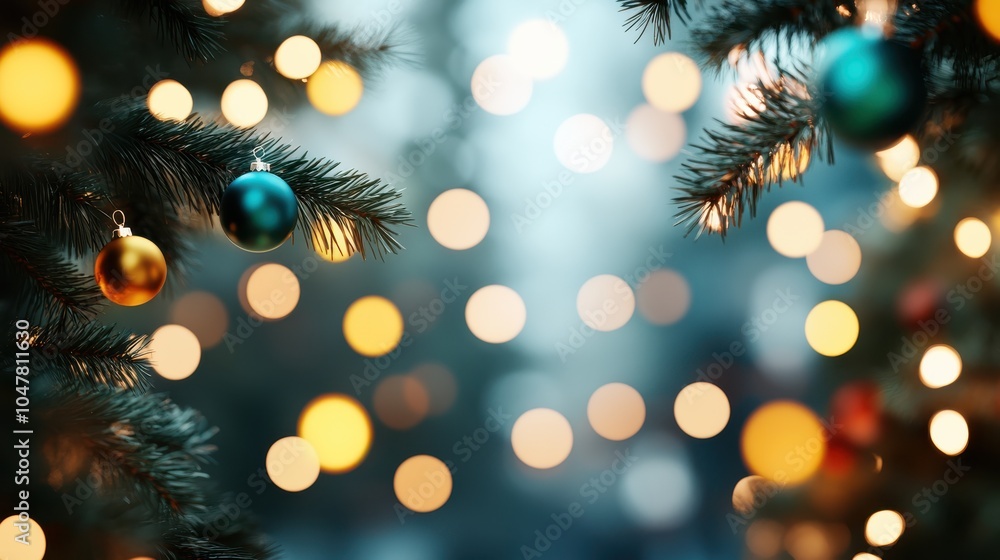 Poster beautiful christmas tree branches adorned with colorful ornaments and surrounded by soft, glowing bo