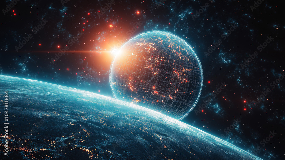 Aufkleber sophisticated concept of a network grid surrounding the planet representing global connectivity