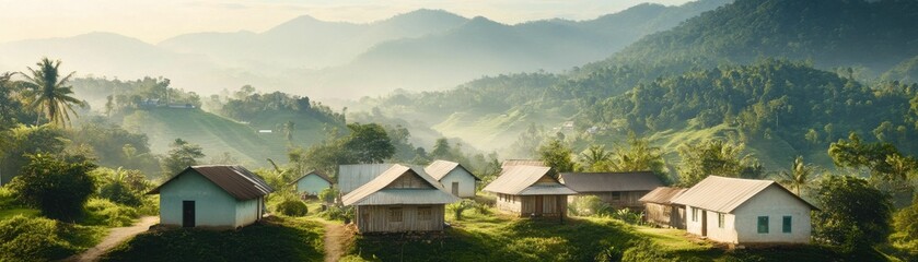 Obraz premium Rural village nestled in a misty mountain valley, featuring traditional houses surrounded by lush greenery under the soft morning light.