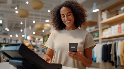 A cheerful woman using her smartphone while standing at a checkout counter in a modern store, surrounded by stylish decor, capturing retail experiences and ease.