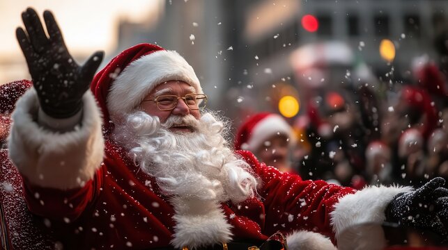 Santa Claus parade with floats, costumed characters, and cheering crowds, Festive, Bright, High Energy