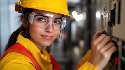 A professional engineer, wearing protective gear, smiles confidently while adjusting controls on an industrial panel, emphasizing competence and skill.